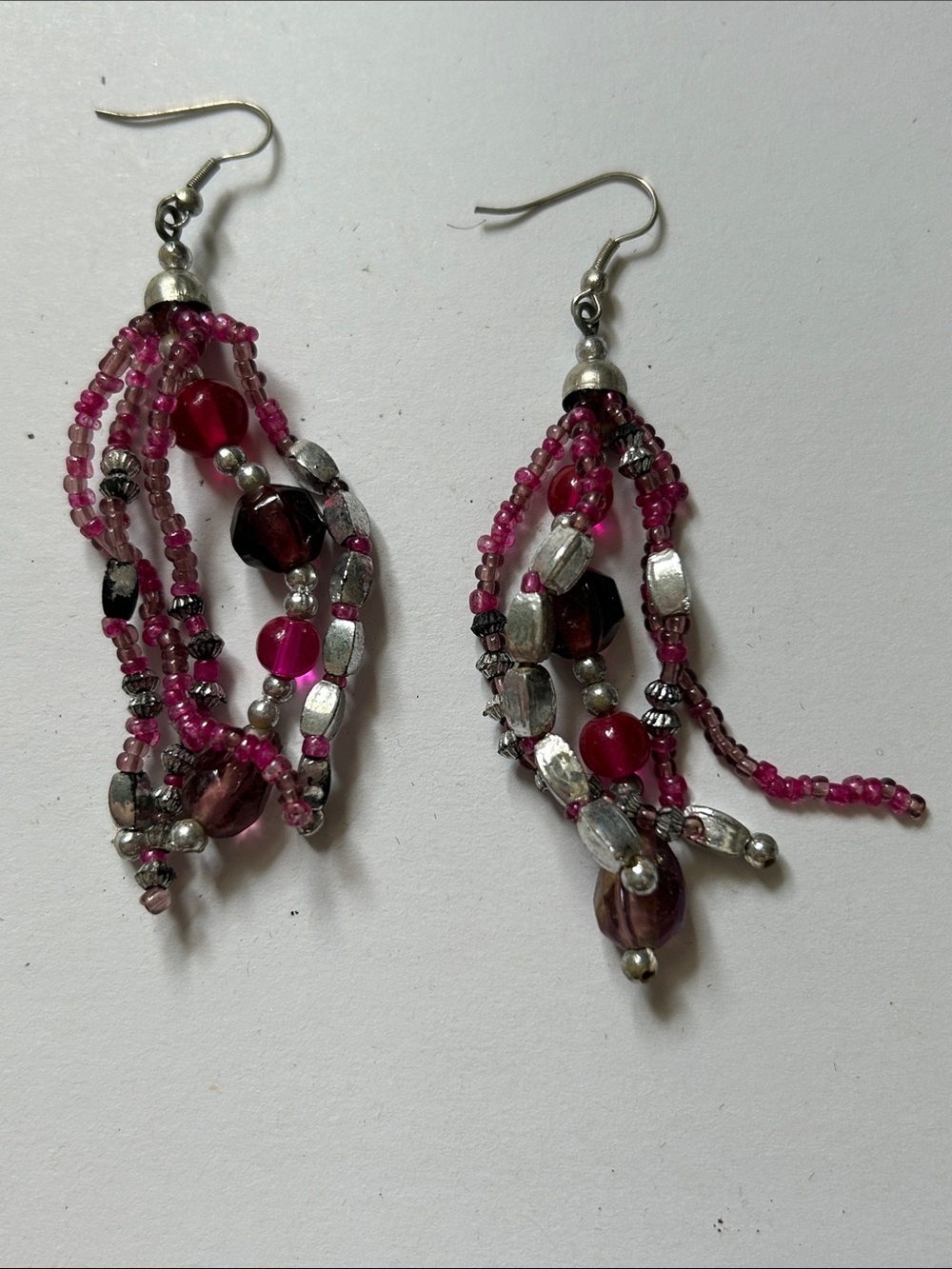 Pink Multi-Strand Seed Bead Dangle Earrings j39